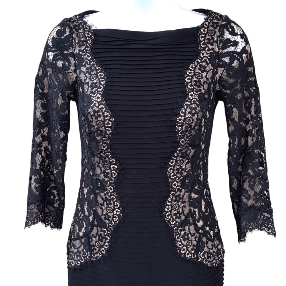Tadashi Shoji Pintuck Jersey and Lace 3/4 Sleeve Dress in Black Nude $338 - Picture 7 of 9